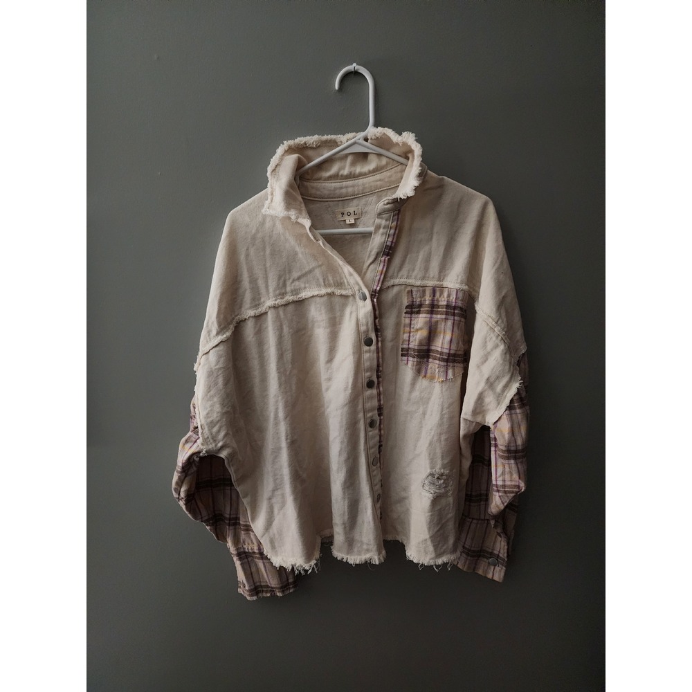POL Clothing Mixed Media Plaid Distressed Button Down Shirt Cream Purple Large